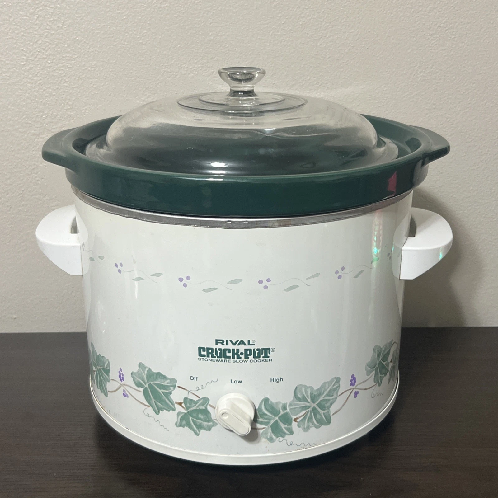 Vintage Rival Crock Pot 3656 Stoneware Slow Cooker White Green Ivy 2.5 Quart