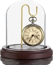 3 x 4 inch Pocket Watch Display Case Glass Dome Clear With Hook and Wooden Base