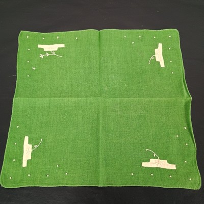 Vtg Hand-stitched Green Woven Handkerchief With Hand Applique And Embroidery 11''