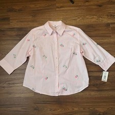 Pink Striped Floral Embroidered Button Up Shirt Blouse Cottagecore Preppy Boho M