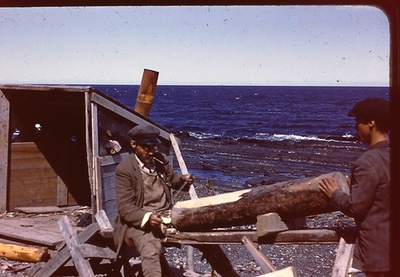 #ad Photograph 35mm Slide Nova Scotia Canada Debarking Logs Man Smoking Pipe $14.99