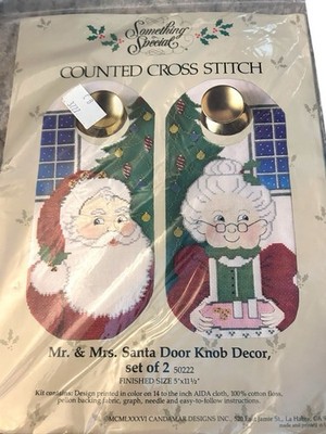 Vtg Something Special Counted Cross Stitch Mr & Mrs Santa Door Knob Decor NOS