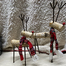 Set of 2 Wood/Metal Reindeer Figurines w/ Red Plaid Fabric Scarves Freestanding
