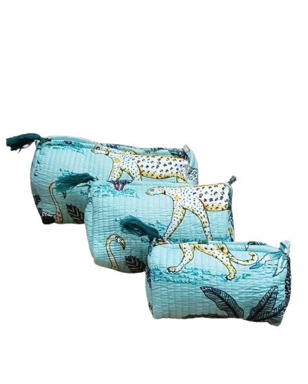 Indian Tiger Printed Cotton Quilted Toiletry Purse Cosmetic Storage Bag Of 3 Pc