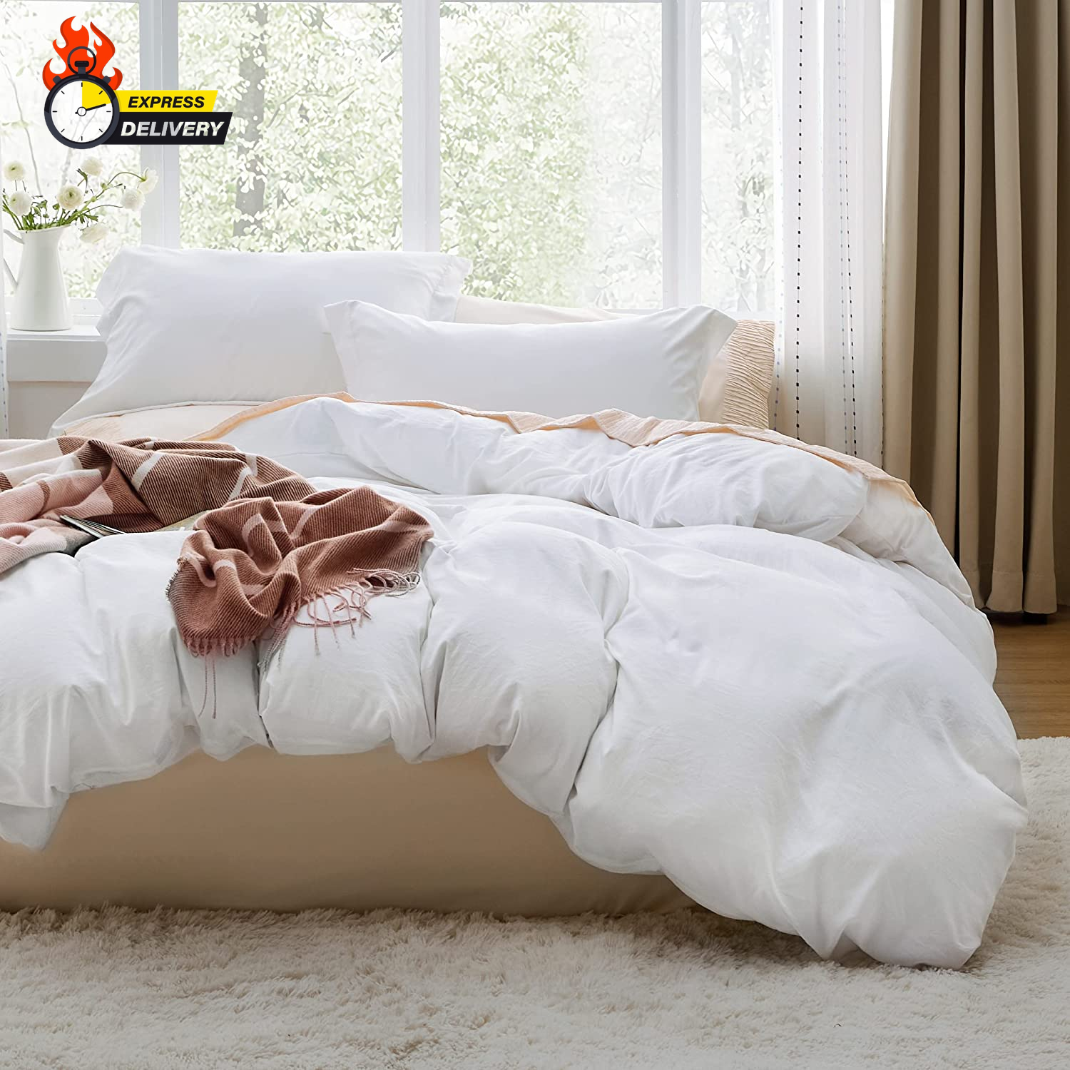 Soft Prewashed 3-Piece White Queen Duvet Cover Set for Cozy Bedding-image