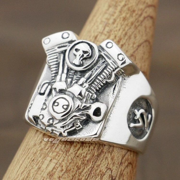 Anillo de plata esterlina 925 V2 calavera motor motocicleta hombre motociclista 8Y009A BZ Foto 4 de 4
