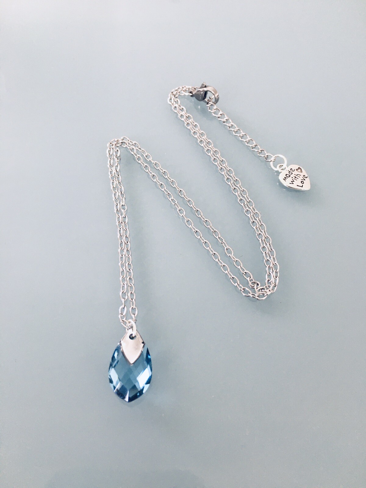 Collier aigue-marine véritable et acier chirurgical inoxydable 45cm