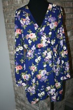 Lulus Womens Blue Floral Long Sleeve Cinch Waist Faux Wrap Dress SZ M