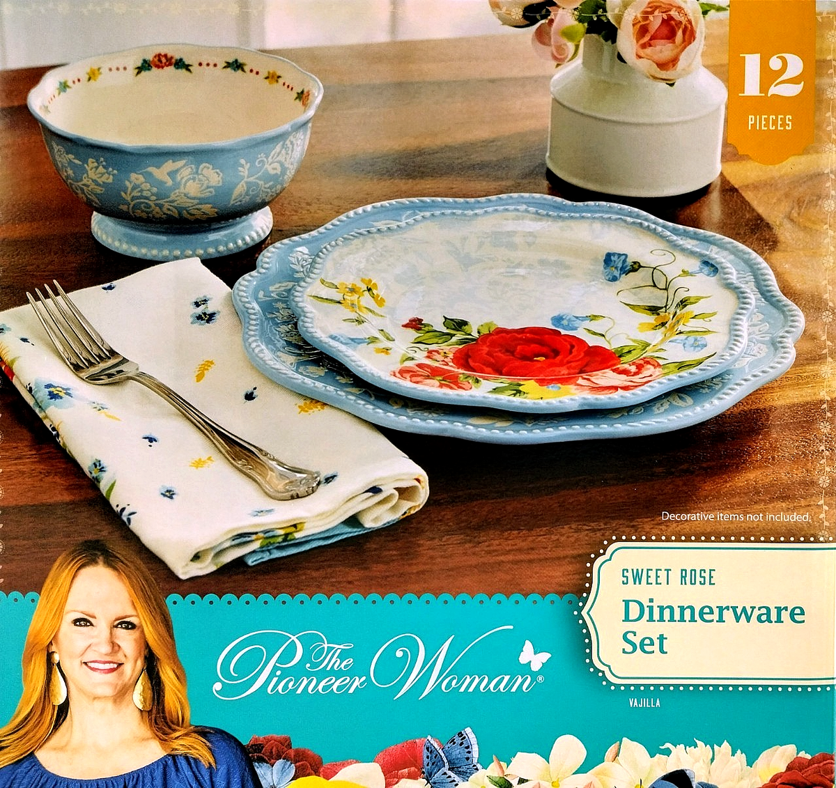PIONEER WOMAN Sweet Rose 12 Pcs Dinnerware Set Stoneware Blue Floral  Multicolor