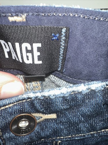 Pantalones de mezclilla Paige para mujer 30 Hoxton clavija al tobillo ajustados Fray Distress lavado medio T89 - Imagen 4 de 8