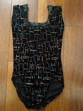 ladies XS BLACK VELOUR DANCE LEOTARD sequins METALLIC bronze PRINTED jazz tap