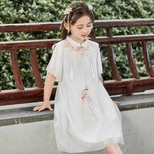 Girl Chinese Hanfu Cheongsam Dress Midi Chiffon Embroidery Floral Tassel Dress
