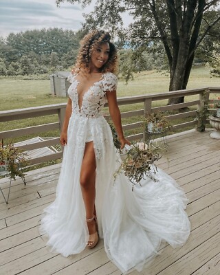 knee length dresses for ladies Elegant Mermaid Deep V Neck Lace Wedding Dresses with Beading AB120702 –  Anniebride main image 0