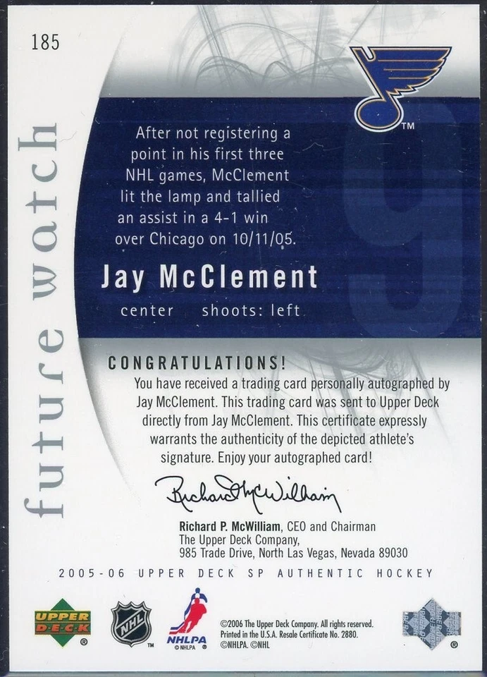 2005-06 SP Authentic Future Watch #185 Jay McClement RC AUTO /999 - BLUES - Image 2 of 2