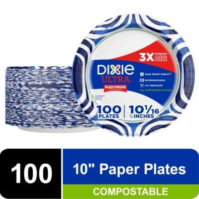 Dixie Ultra Disposable Paper Plates 10'', Multi-Color, Compostable, 100 Count