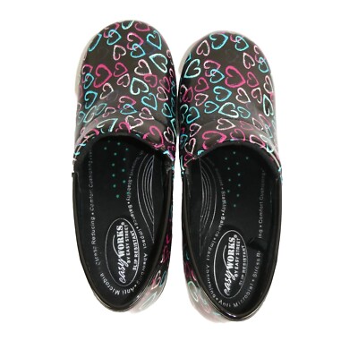 EASY WORKS BY EASY STREET WOMEN'S LAURIE CLOGS black multi heart pattern 10 W