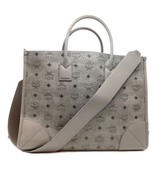 MCM 2Way Large Munchen Visetos Tote Bag Handbag Leather Gray Authentic