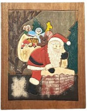 Farmhouse Santa Christmas Decor Wooden Carved Painted Rustic Tree Wall Hanging
