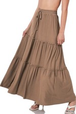 Zenana Maxi Skirt Womens Tiered Raw Hem Drawstring Mocha Plus Size 1X 2X 3X