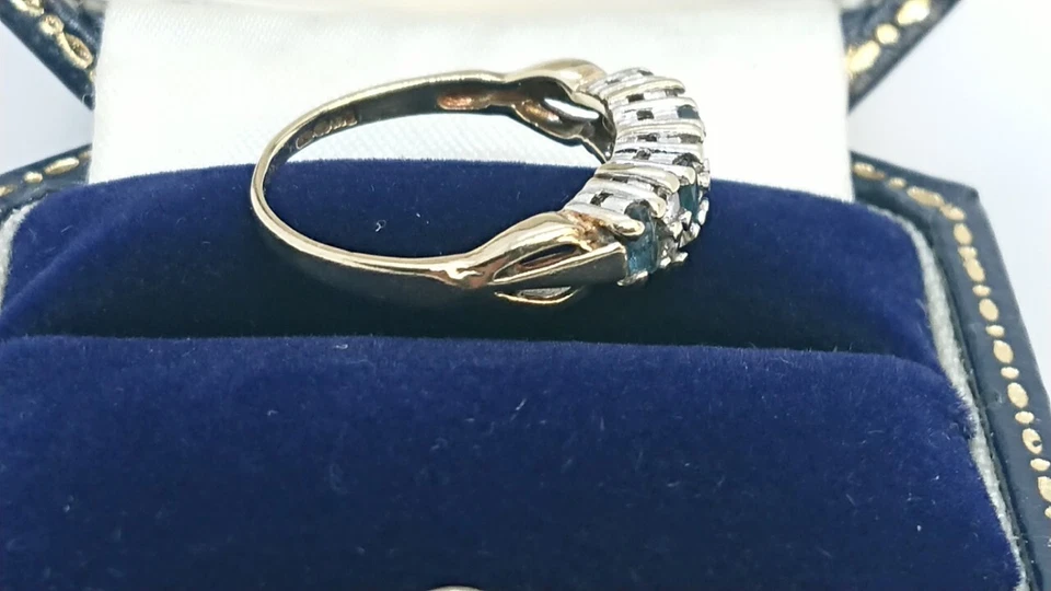 Anillo Vintage Topacio Azul y Circonita Cúbica Media Eternidad Oro 9ct - Talla L Foto 3 de 4