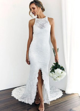 Lace Boho Mermaid Wedding Dresses Bride Summer Sweep Train Backless Sexy