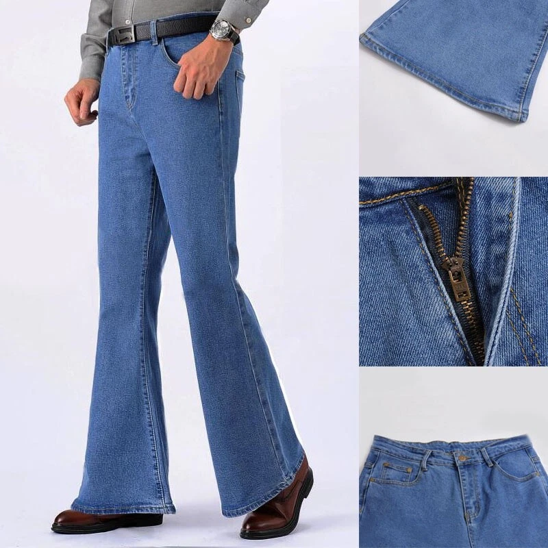 Men Bell Bottom Jeans Flared Denim Pants Retro 60s 70s Trousers Slim Fit Casual - Image 3 of 4