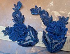 appliques embroidered 4x5.5" flowers beads navy hand sewn 2pcs