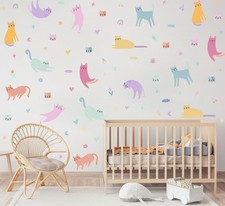 Cute Colorful Cat Wall Stickers, Lovely Pet Cats with Rainbow Flower Vinyl Wa...