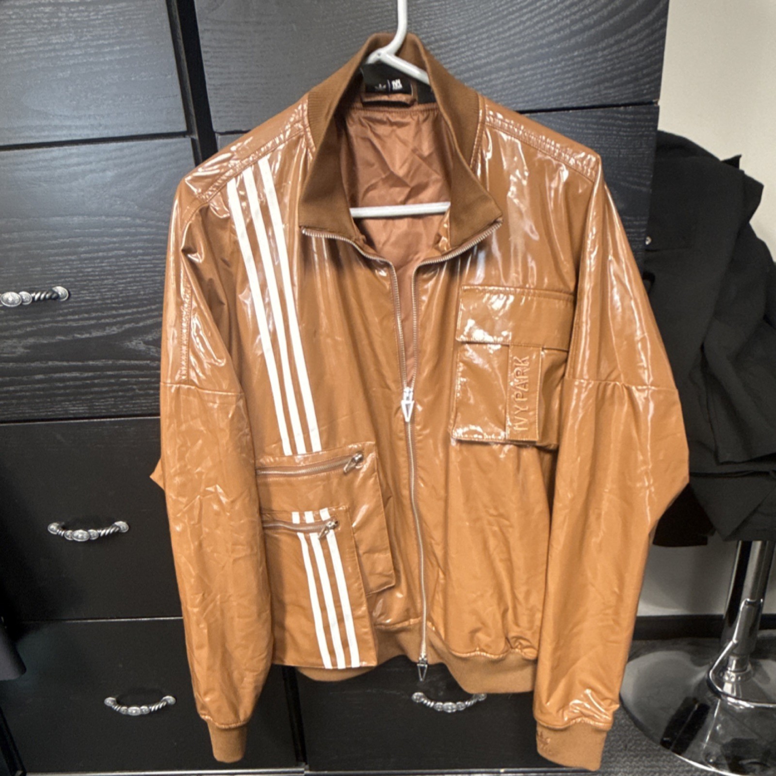 adidas IVY PARK Brown Striped Bomber Bomber Jacket Zip Multiple Pockets Women S