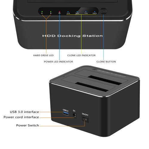 USB 3.0 SATA HDD SSD Docking Station Clone Duplicator 2.5"/3.5" Hard Drive f - Photo 3/9