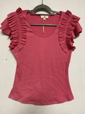 Entro Pink Large Soft Ribbed Knit Botique Top Flutter Sleeves Lightweight NWT