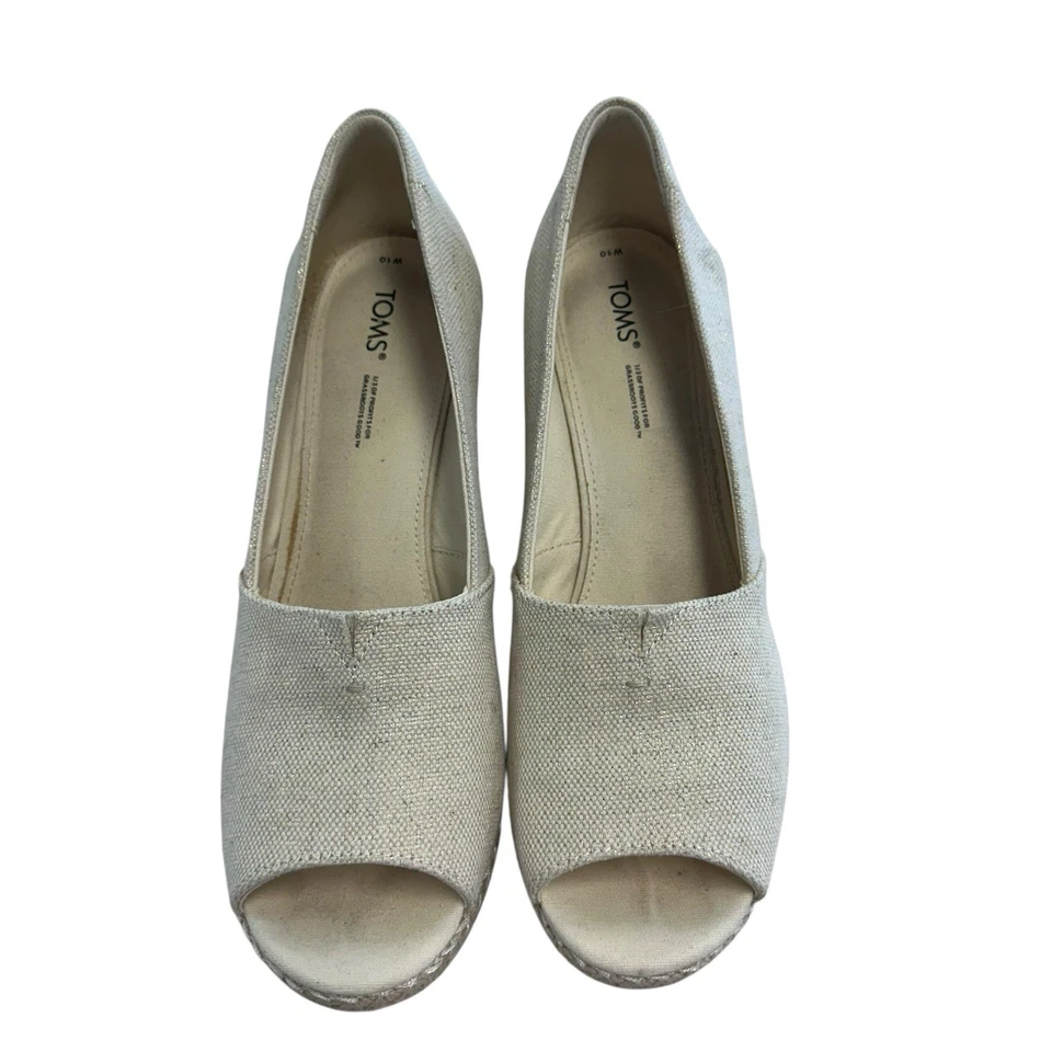 TOMS MUJER TACONES CUÑA TALLA 10 ORO CREMA LONA ALPARGATAS PEEP TOE Foto 4 de 4