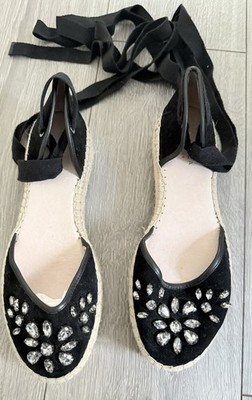 Kurt Geiger schwarze Wildleder-Espadrilles mit Schmucksteinen Plateau Stoffbinder Gr. 40 / 7