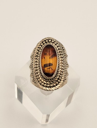 BA Suarti sterling silver vintage large amber oval ring size 8