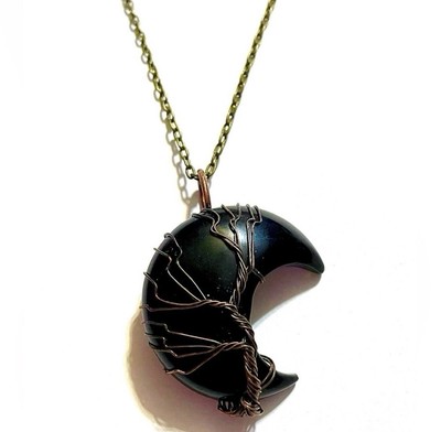 Schwarzer Obsidian Edelstein Mond Draht gewickelt Halskette 