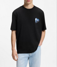 Image of Hugo Boss Nalentinio Mens Cotton T Shirt Heart Logo in Black Size L