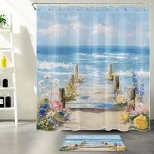 Summer Pink Floral Blue Ocean Coastal Shower Curtain Bathroom Accessories Set