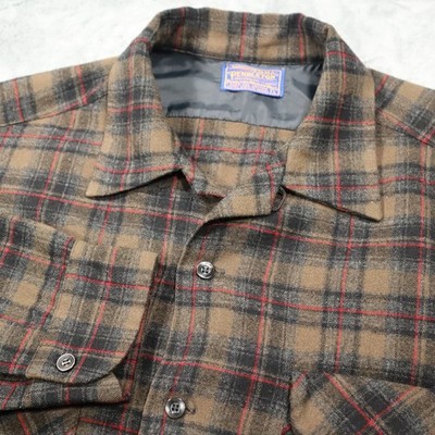 VTG 1960's Pendleton Wool Board Shirt Large Loop Collar Button Plaid Brown Red