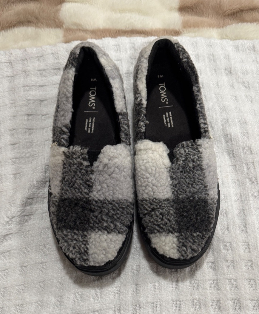 TOMS Fuzzy Black and Gray Checkered Platform Slip-Ons