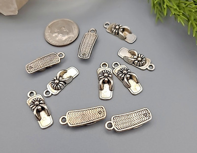 Sandal Flipflop  Silver Charms Lot of 10 print both sides Beach Charm, 3/4'' long