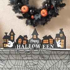 Glitzhome 25"L Halloween Wooden Table Signs Plaques Haunted House 
