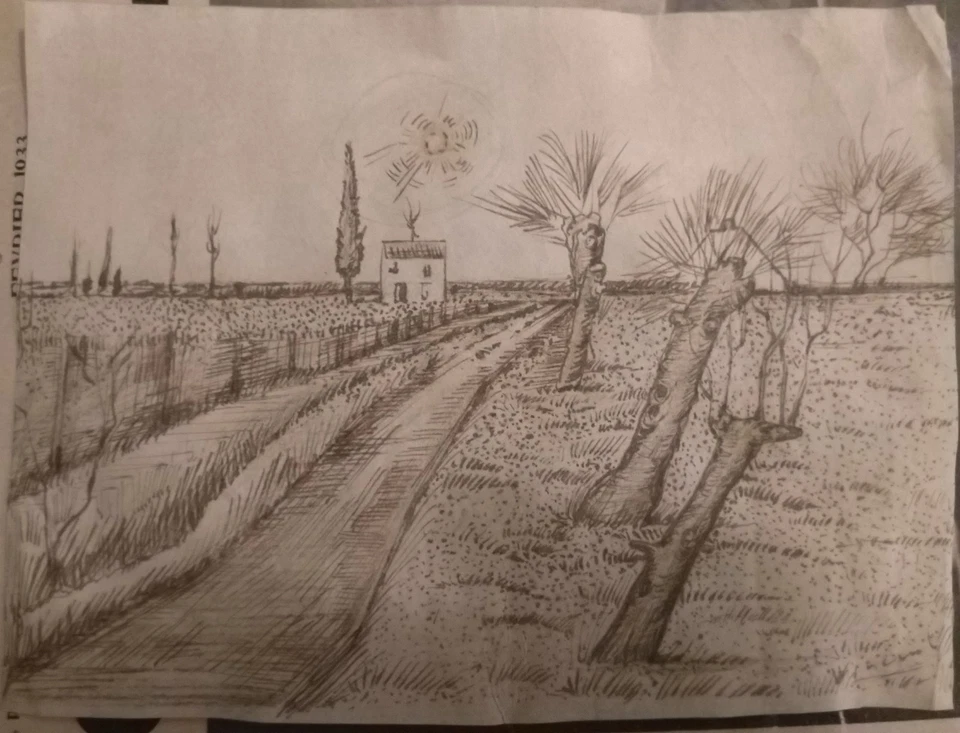 VINCENT VAN GOGH Paisaje Rural Dibujo a Mano en Tinta sobre Papel Firmado Foto 4 de 4