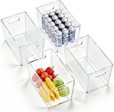 4 Pack Clear Storage Bins, PET Pantry Organizers No-Tip Storage Containers wit