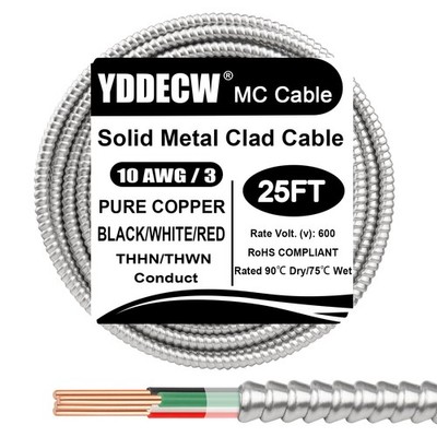 25ft 10/3 Metal Clad (MC) Cable with Ground, 10 Gauge Electric 25 Feet, Black