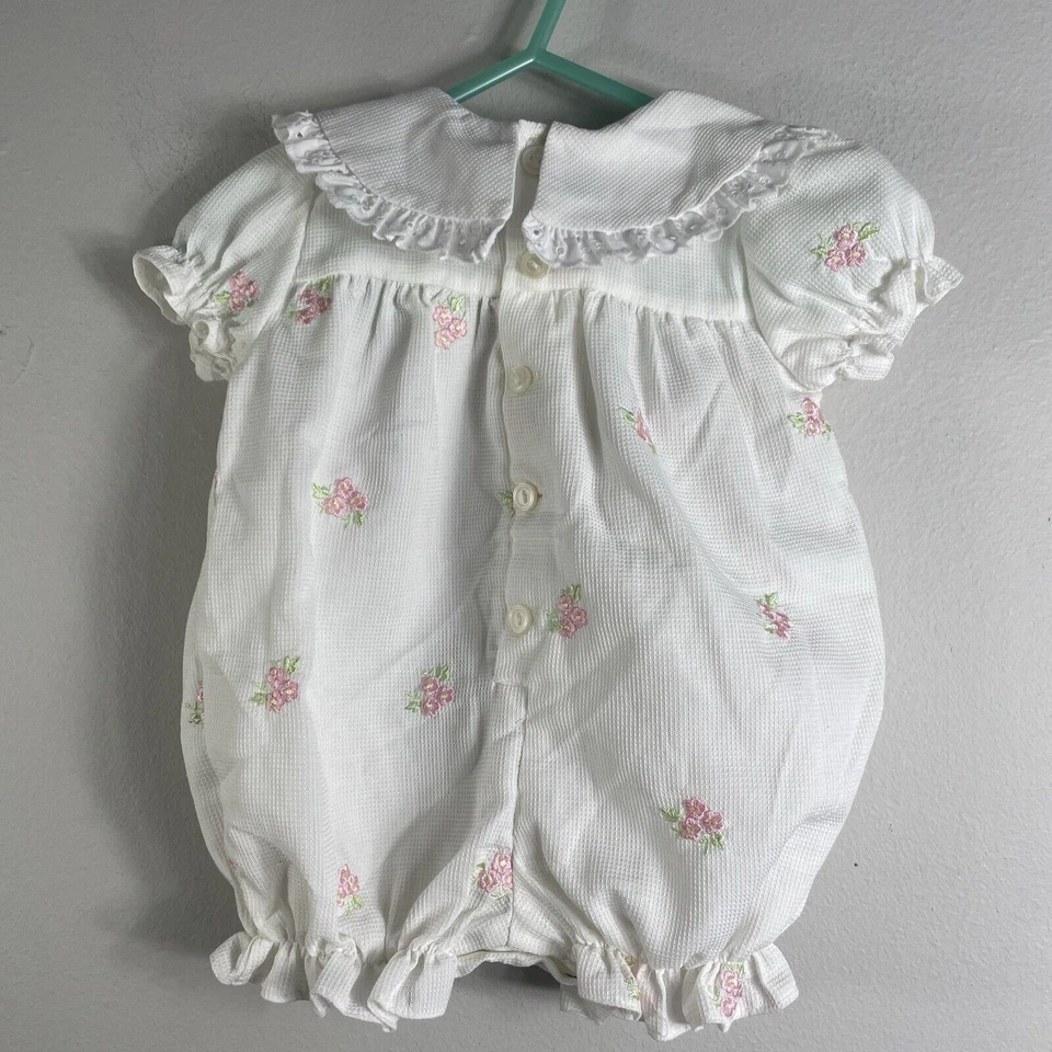 B.t. Kids Baby Girl Romper 3-6M Embroidered Flowers Eyelet Lace White Pink Ribbo - Image 3 of 4