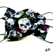 2 SKULL FACE MASKS HANDMADE 100 COTTON PLEATED REVERSIBLE SPOOKY GOTH CANDYCORN