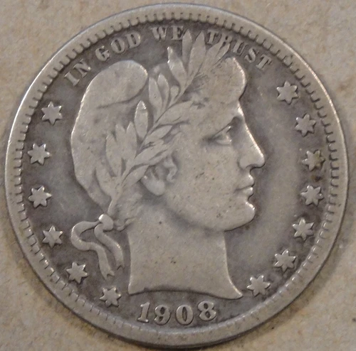 1908-D Barber Quarter 25c Nice F-VF