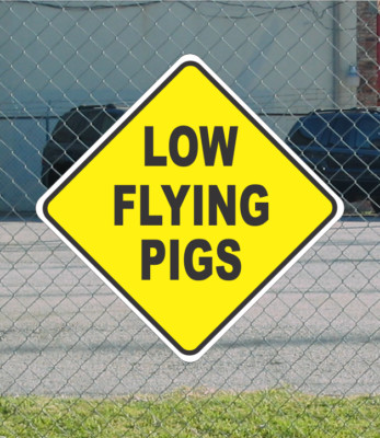 Yellow Low Flying Pigs Metal Sign 12x12