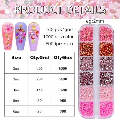 5 Boxes Shiny Colorful Nail Art Rhinestones Kit Crystals AB Flatback Jelly Pink