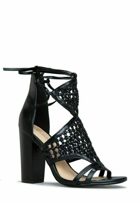 Kelly by SHOEDAZZLE, Black woven faux leather 4'' block heel sandals, SZ 7.5